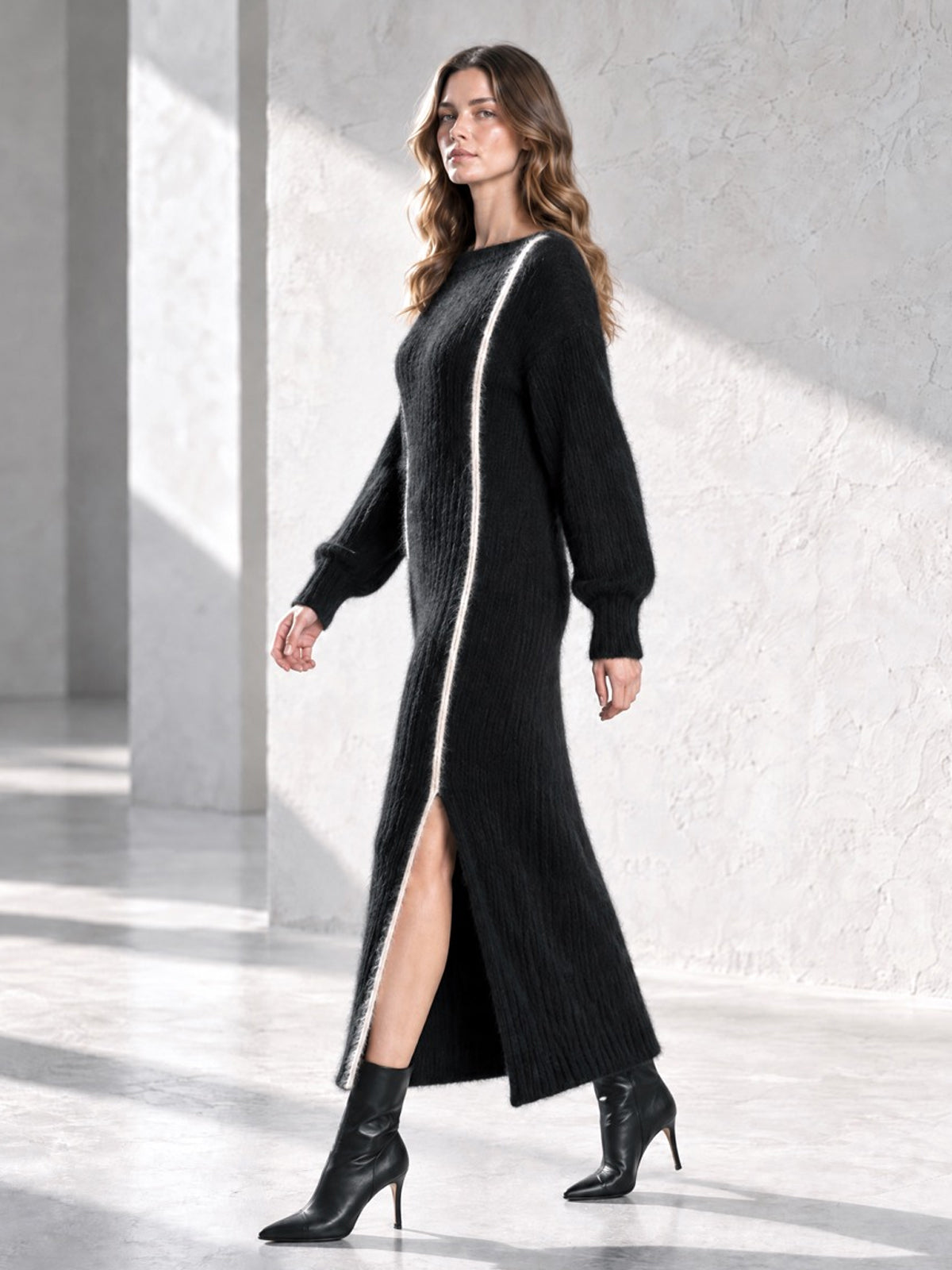 ElevenOra Chic Elegant Black Boat-Neck Long-Sleeve White Trim Detail Side Slit Loose-Fit Mohair Blend Knit Maxi Dress