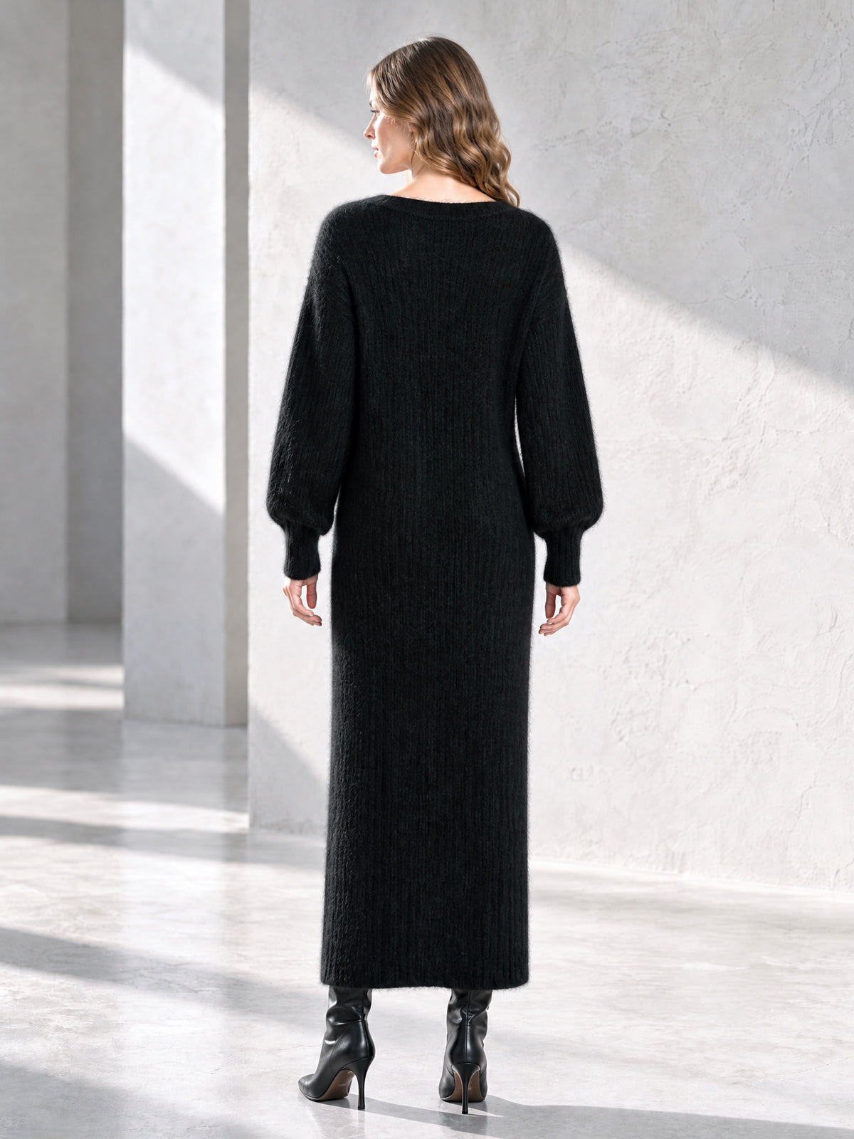 ElevenOra Chic Elegant Black Boat-Neck Long-Sleeve White Trim Detail Side Slit Loose-Fit Mohair Blend Knit Maxi Dress