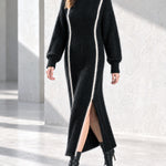 ElevenOra Chic Elegant Black Boat-Neck Long-Sleeve White Trim Detail Side Slit Loose-Fit Mohair Blend Knit Maxi Dress