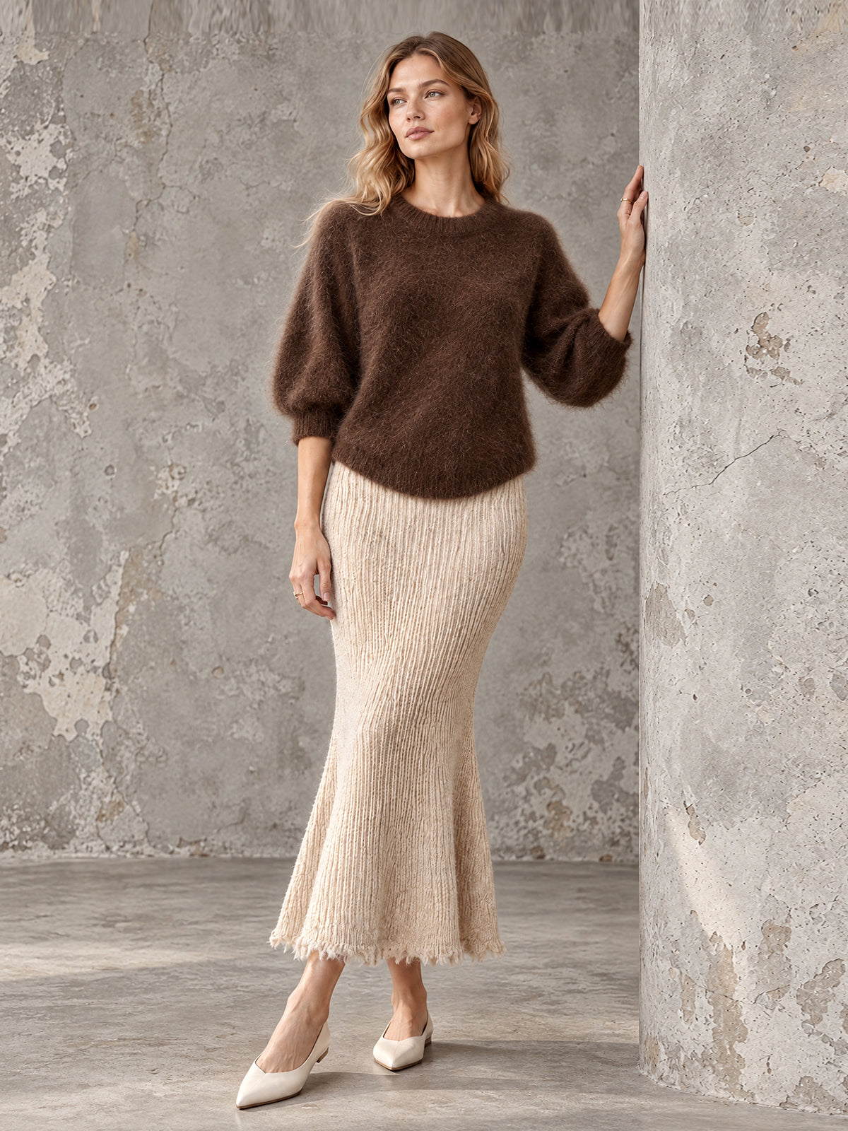 ElevenOra Chic Elegant Coffee Round-Neck Half-Sleeve Mohair Sweater Oatmeal Raw Edge Detail Ribbed Maxi Skirt Knit Two-Piece Set
