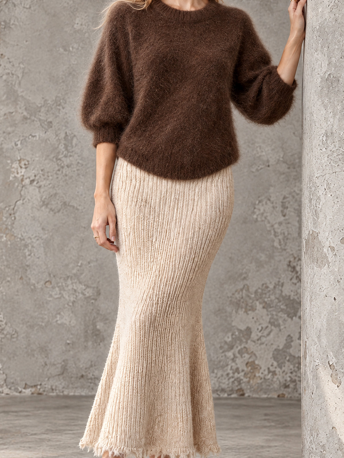 ElevenOra Chic Elegant Coffee Round-Neck Half-Sleeve Mohair Sweater Oatmeal Raw Edge Detail Ribbed Maxi Skirt Knit Two-Piece Set