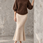 ElevenOra Chic Elegant Coffee Round-Neck Half-Sleeve Mohair Sweater Oatmeal Raw Edge Detail Ribbed Maxi Skirt Knit Two-Piece Set