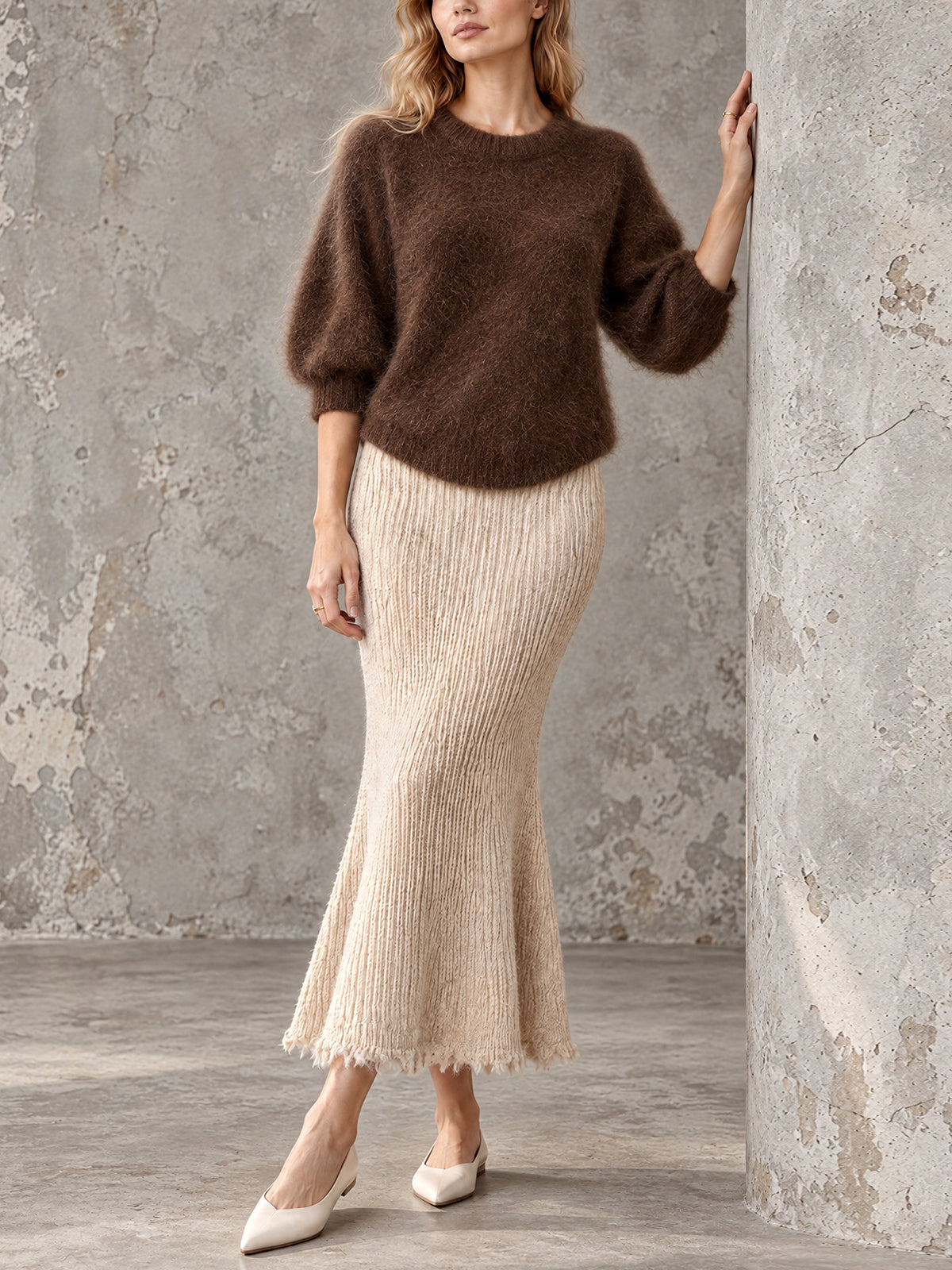 ElevenOra Chic Elegant Coffee Round-Neck Half-Sleeve Mohair Sweater Oatmeal Raw Edge Detail Ribbed Maxi Skirt Knit Two-Piece Set
