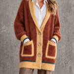 ElevenOra Chic Elegant Brown-Yellow Colorblock Shawl-Collar Long-Sleeve Single-Breasted Patch Pockets Loose-Fit Mohair Blend Knit Cardigan