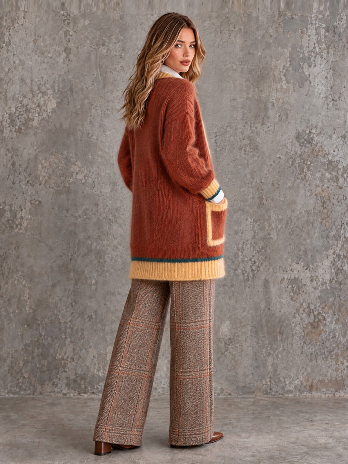 ElevenOra Chic Elegant Brown-Yellow Colorblock Shawl-Collar Long-Sleeve Single-Breasted Patch Pockets Loose-Fit Mohair Blend Knit Cardigan