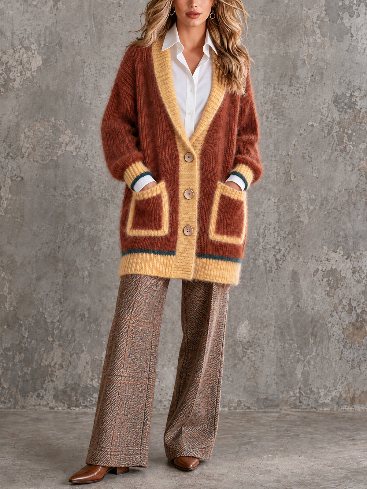 ElevenOra Chic Elegant Brown-Yellow Colorblock Shawl-Collar Long-Sleeve Single-Breasted Patch Pockets Loose-Fit Mohair Blend Knit Cardigan