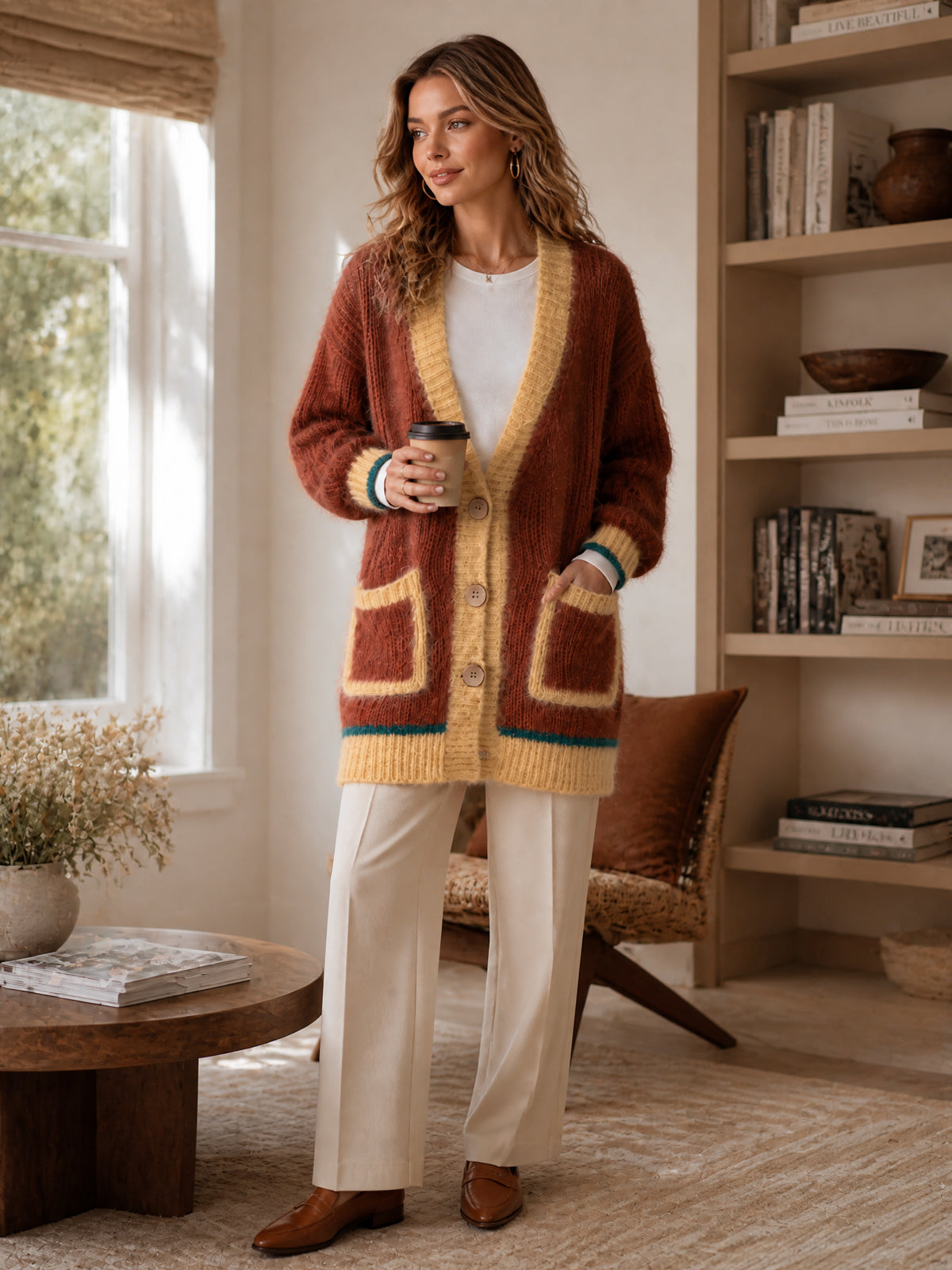 ElevenOra Chic Elegant Brown-Yellow Colorblock Shawl-Collar Long-Sleeve Single-Breasted Patch Pockets Loose-Fit Mohair Blend Knit Cardigan