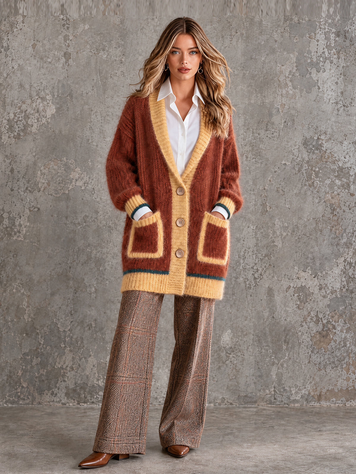 ElevenOra Chic Elegant Brown-Yellow Colorblock Shawl-Collar Long-Sleeve Single-Breasted Patch Pockets Loose-Fit Mohair Blend Knit Cardigan