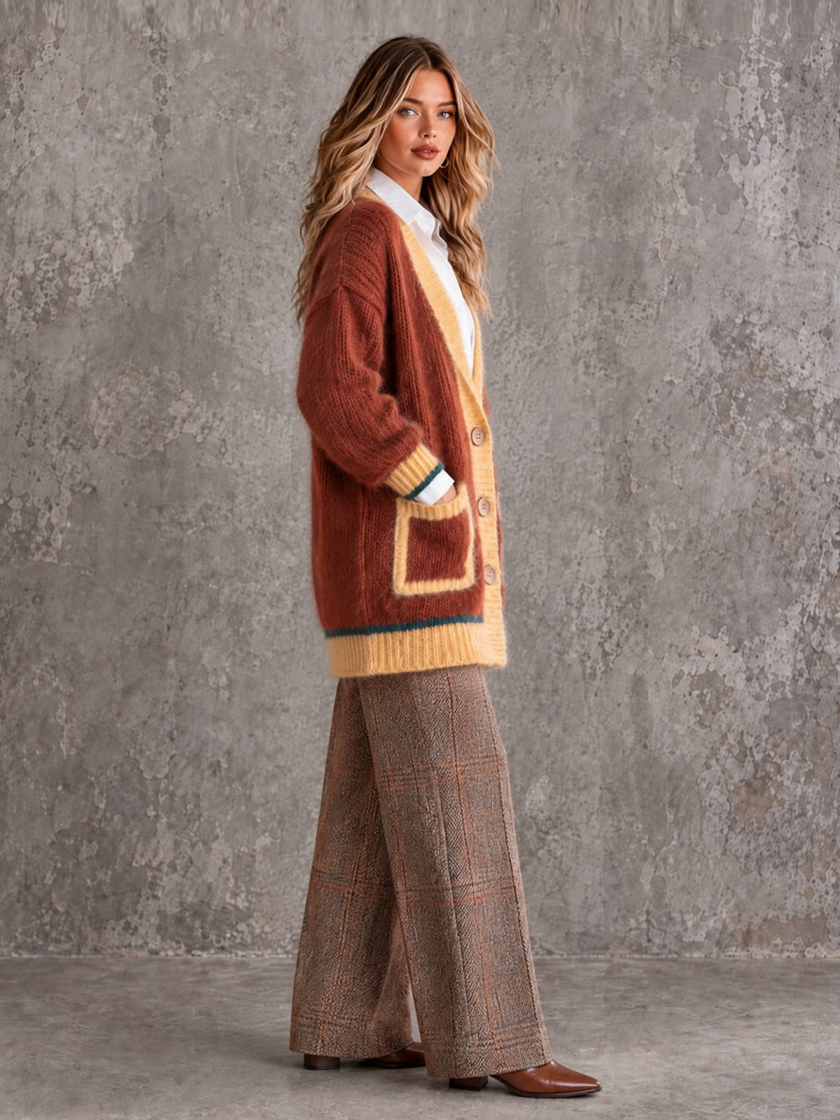 ElevenOra Chic Elegant Brown-Yellow Colorblock Shawl-Collar Long-Sleeve Single-Breasted Patch Pockets Loose-Fit Mohair Blend Knit Cardigan