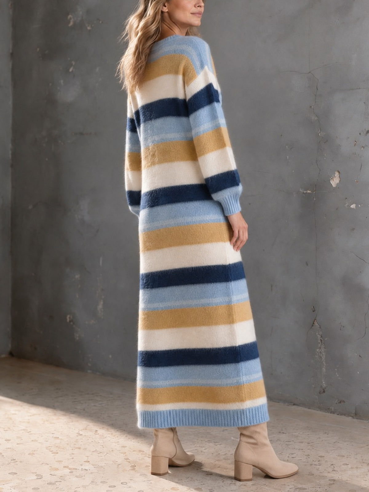 ElevenOra Chic Elegant Blue-Camel Colorblock Stripes V-Neck Button-Up Long-Sleeve Loose-Fit Mohair Blend Knit Maxi Dress