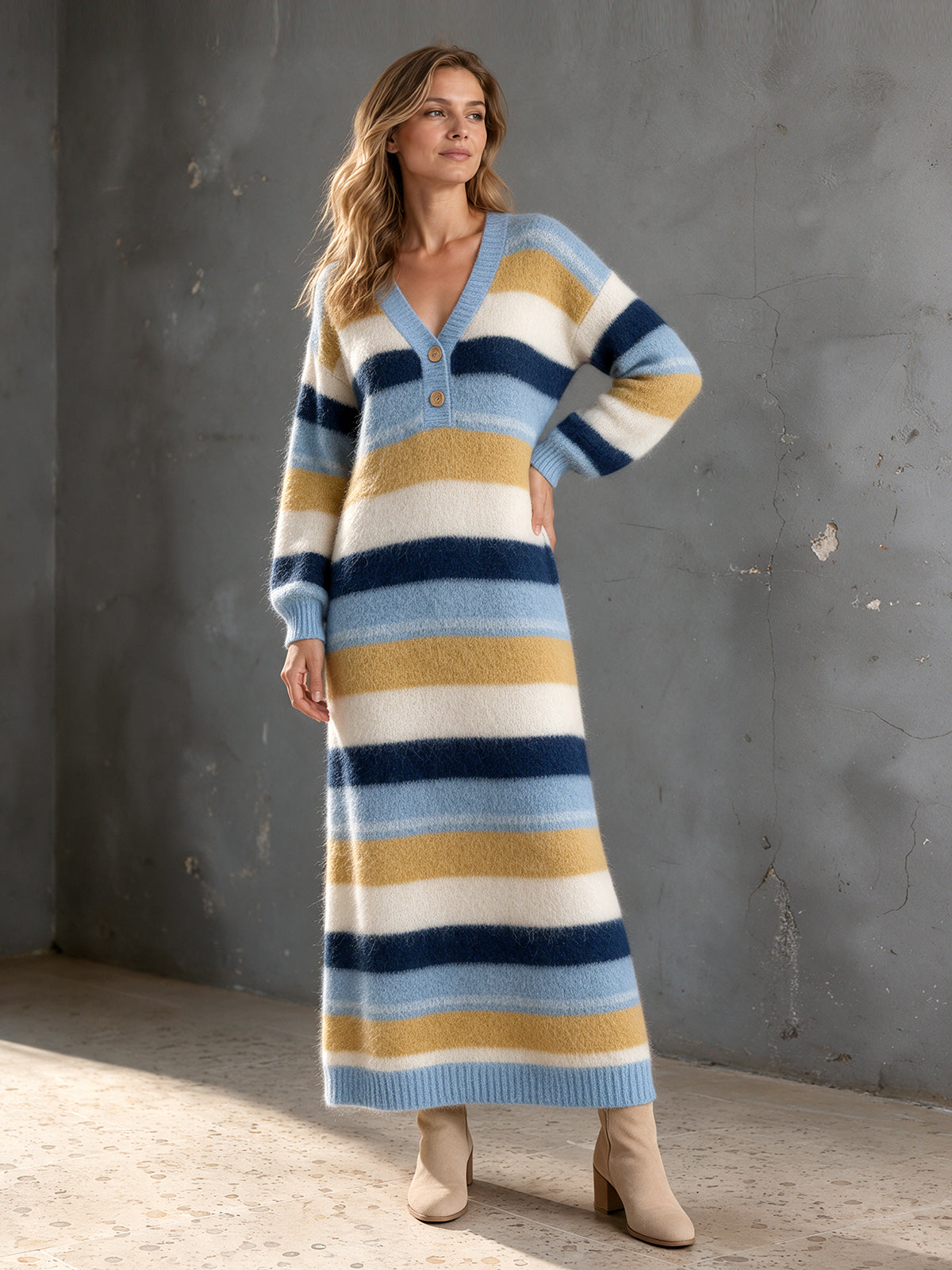 ElevenOra Chic Elegant Blue-Camel Colorblock Stripes V-Neck Button-Up Long-Sleeve Loose-Fit Mohair Blend Knit Maxi Dress