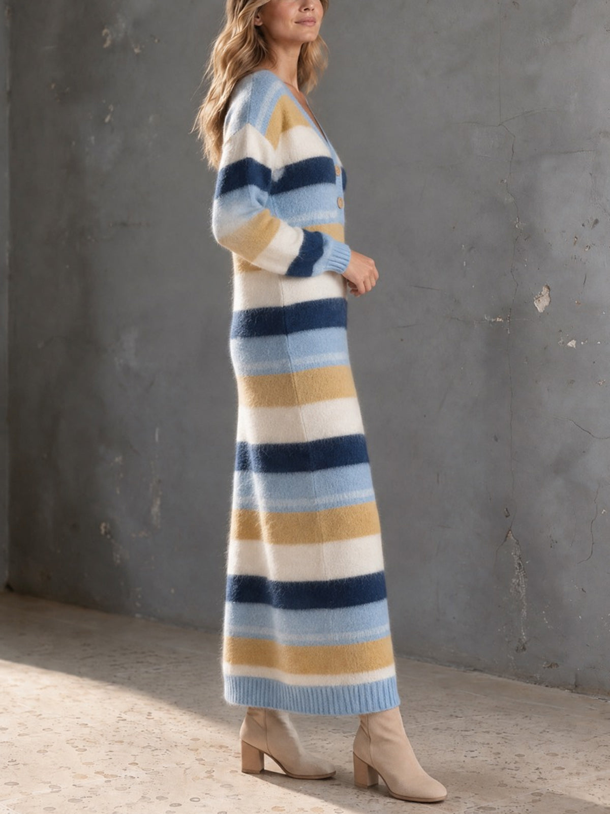 ElevenOra Chic Elegant Blue-Camel Colorblock Stripes V-Neck Button-Up Long-Sleeve Loose-Fit Mohair Blend Knit Maxi Dress