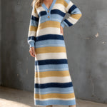 ElevenOra Chic Elegant Blue-Camel Colorblock Stripes V-Neck Button-Up Long-Sleeve Loose-Fit Mohair Blend Knit Maxi Dress