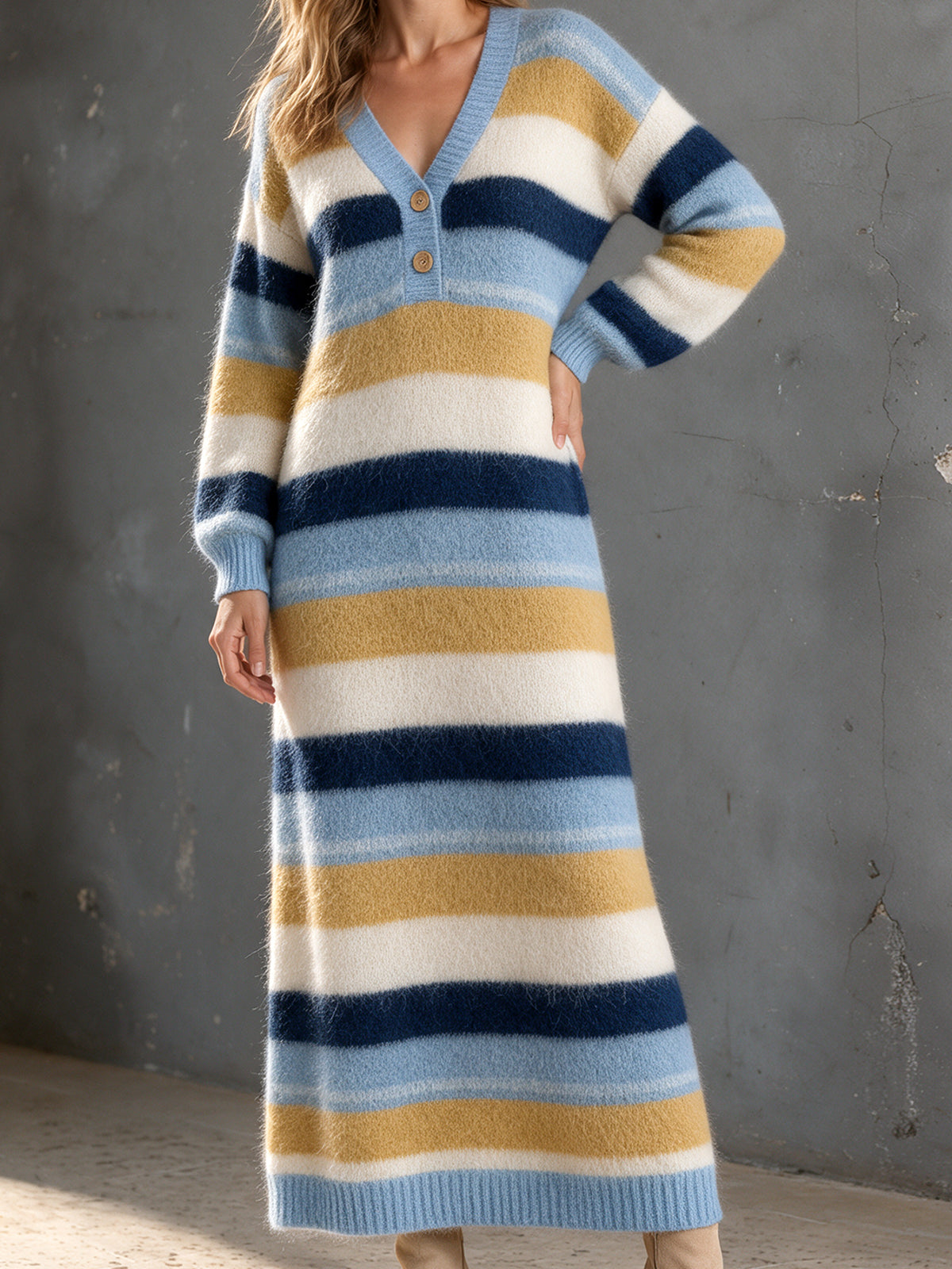 ElevenOra Chic Elegant Blue-Camel Colorblock Stripes V-Neck Button-Up Long-Sleeve Loose-Fit Mohair Blend Knit Maxi Dress