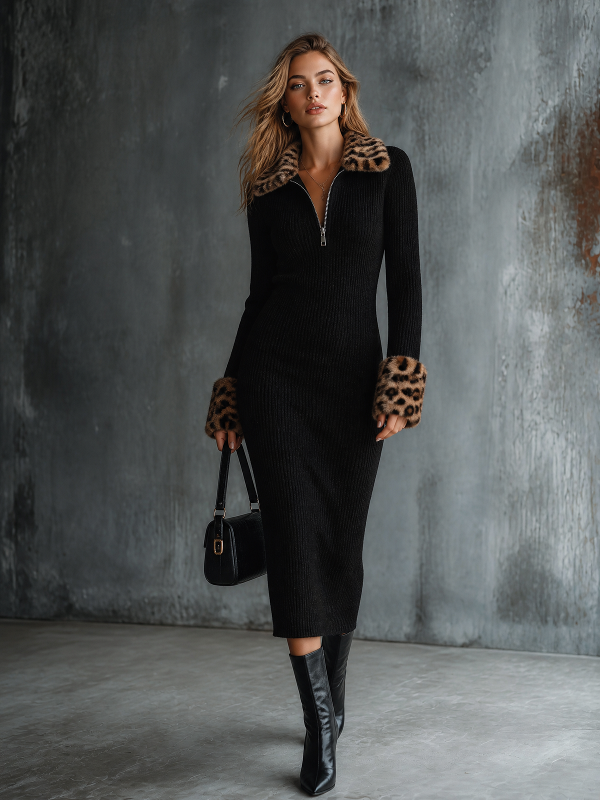 ElevenOra Chic Elegant Black Half-Zipper Leopard Faux Fur Lapel Collar Long Sleeve Slim-Fit Ribbed Knit Midi Dress