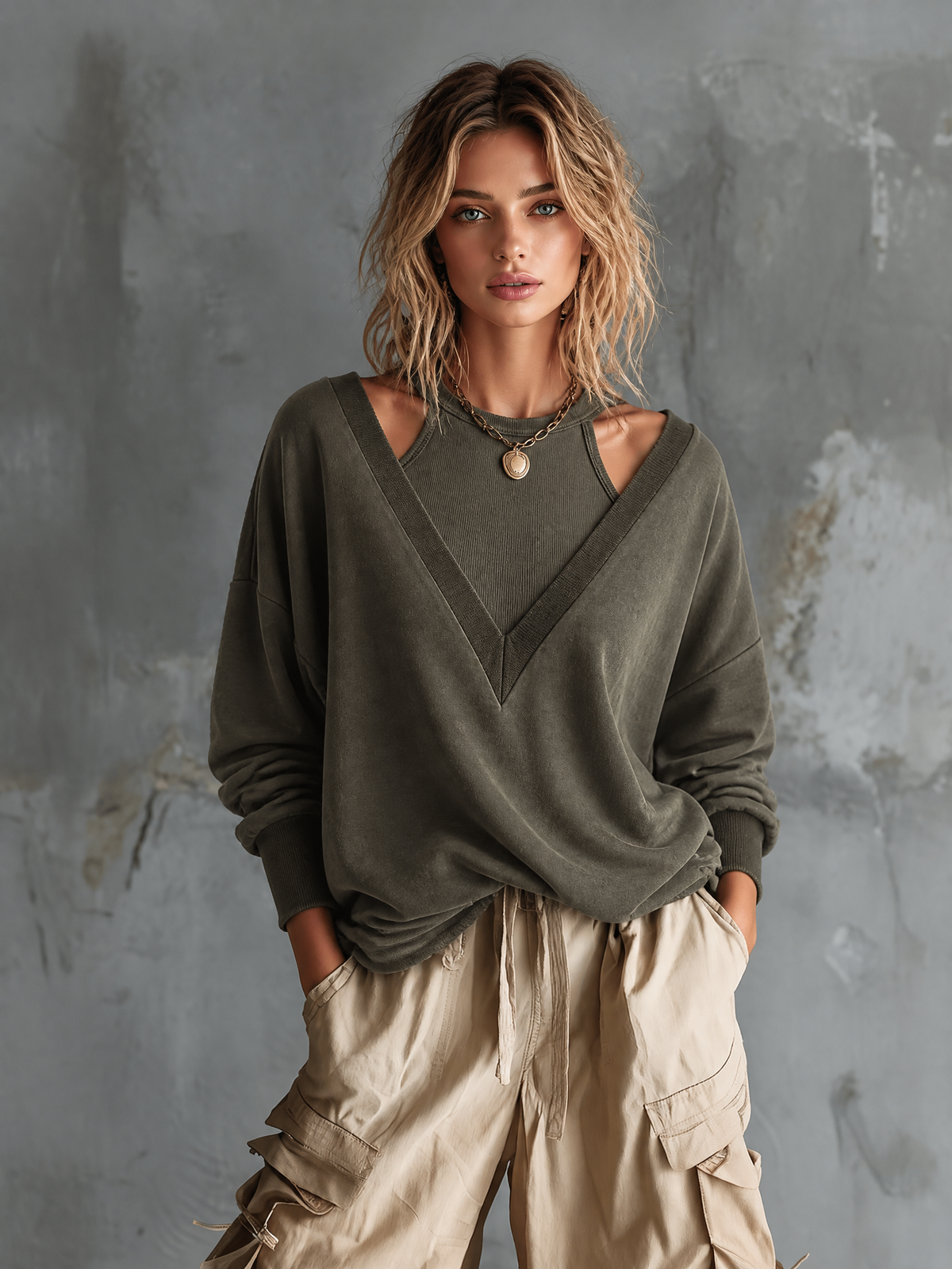 ElevenOra Chic Casual Dark Olive Halter Deep V Neck Dropped Shoulder Long Sleeve Loose-Fit French Terry Sweatshirt