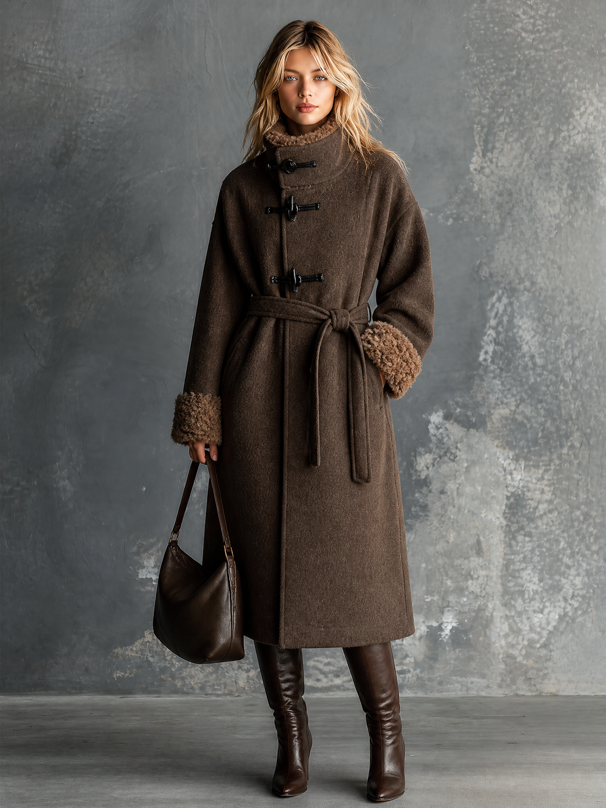 ElevenOra Chic Elegant Deep Brown Lapel Collar Oggle Button Long Sleeve Teddy Fleece Contrast Trim Waist Tie Long Wool Blend Coat