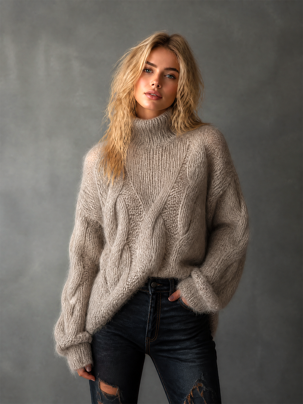 ElevenOra Chic Casual Oat Beige Turtleneck Dropped Shoulder Long Sleeve Loose-Fit Fuzzy Cable Knit Sweater