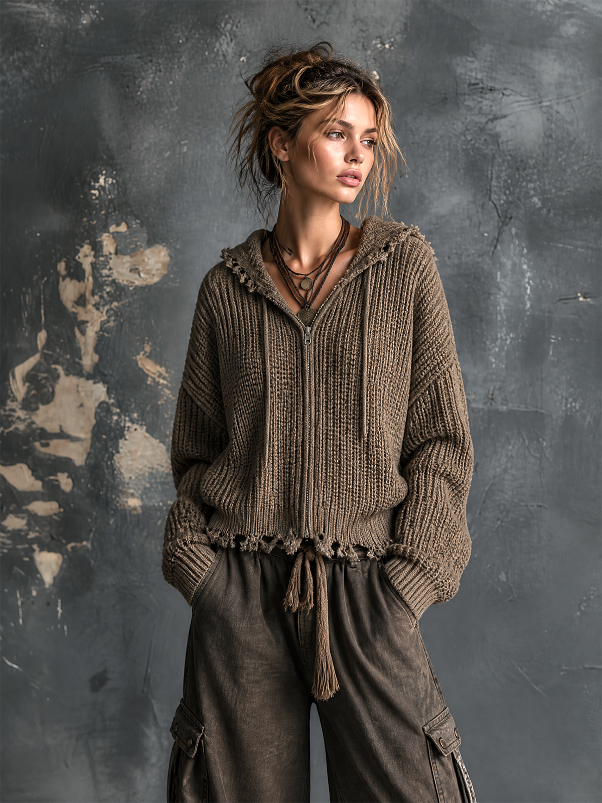 ElevenOra Chic Casual Taupe Hooded-Collar Zip Front Dropped Shoulder Long-Sleeve Frayed Hem Loose-Fit Chunky Knit Cardigan