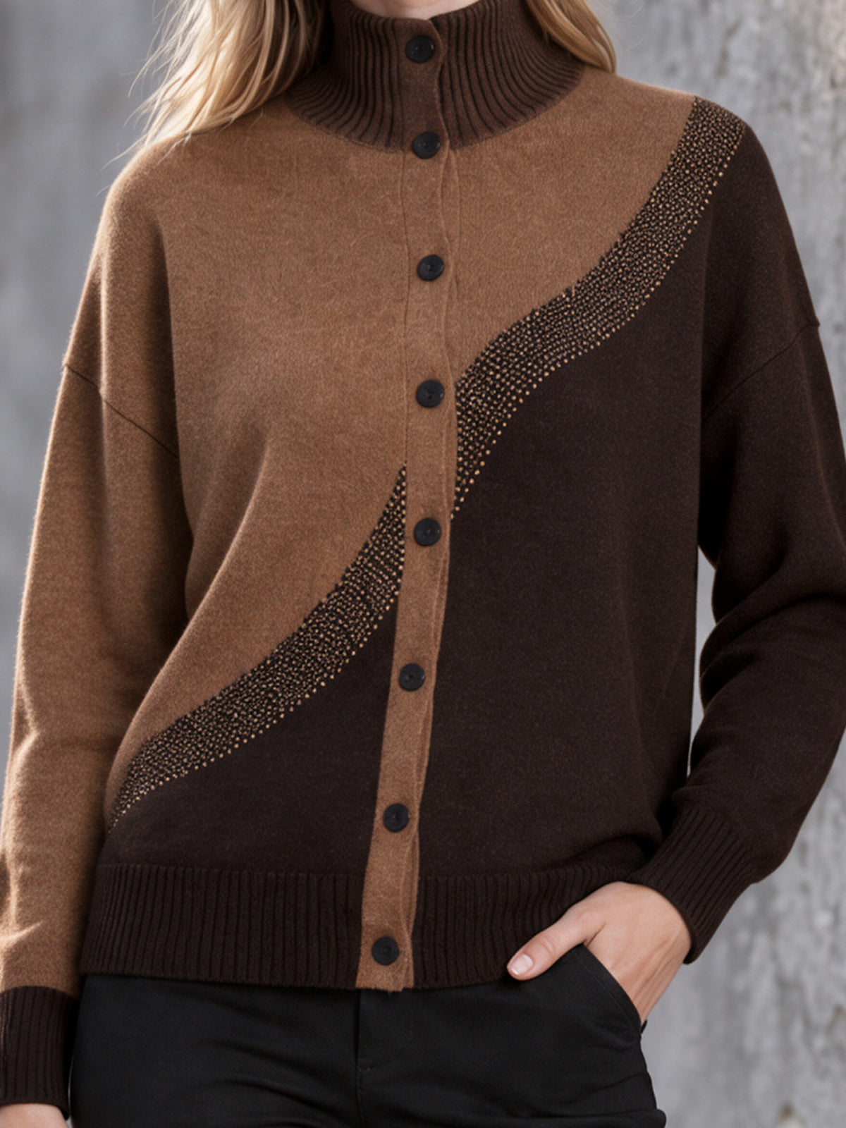 ElevenOra Chic Elegant Brown-Coffee Colorblock Stand Collar Single-Breasted Long-Sleeve Loose-Fit Wool Blend Knit Cardigan