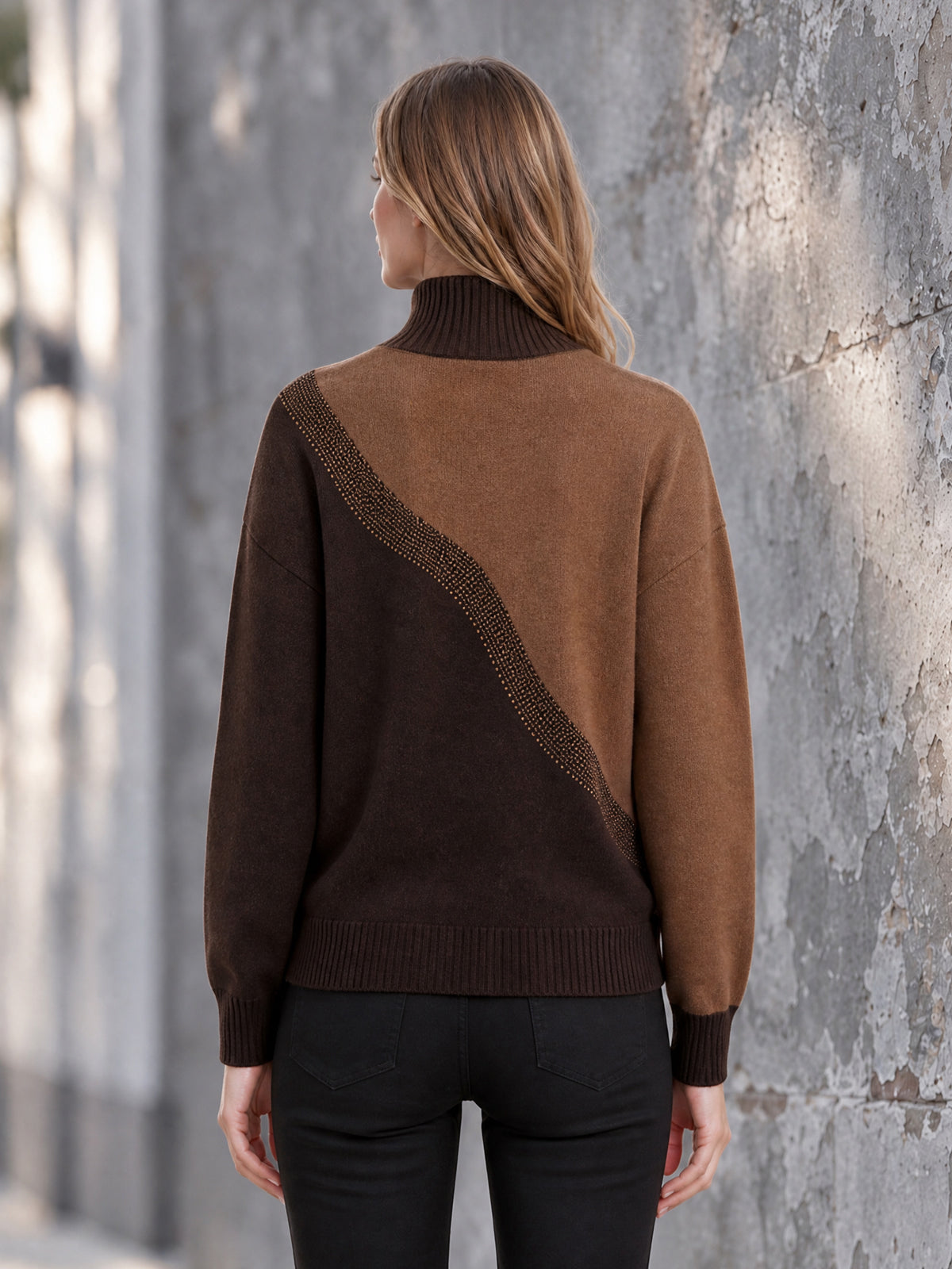 ElevenOra Chic Elegant Brown-Coffee Colorblock Stand Collar Single-Breasted Long-Sleeve Loose-Fit Wool Blend Knit Cardigan