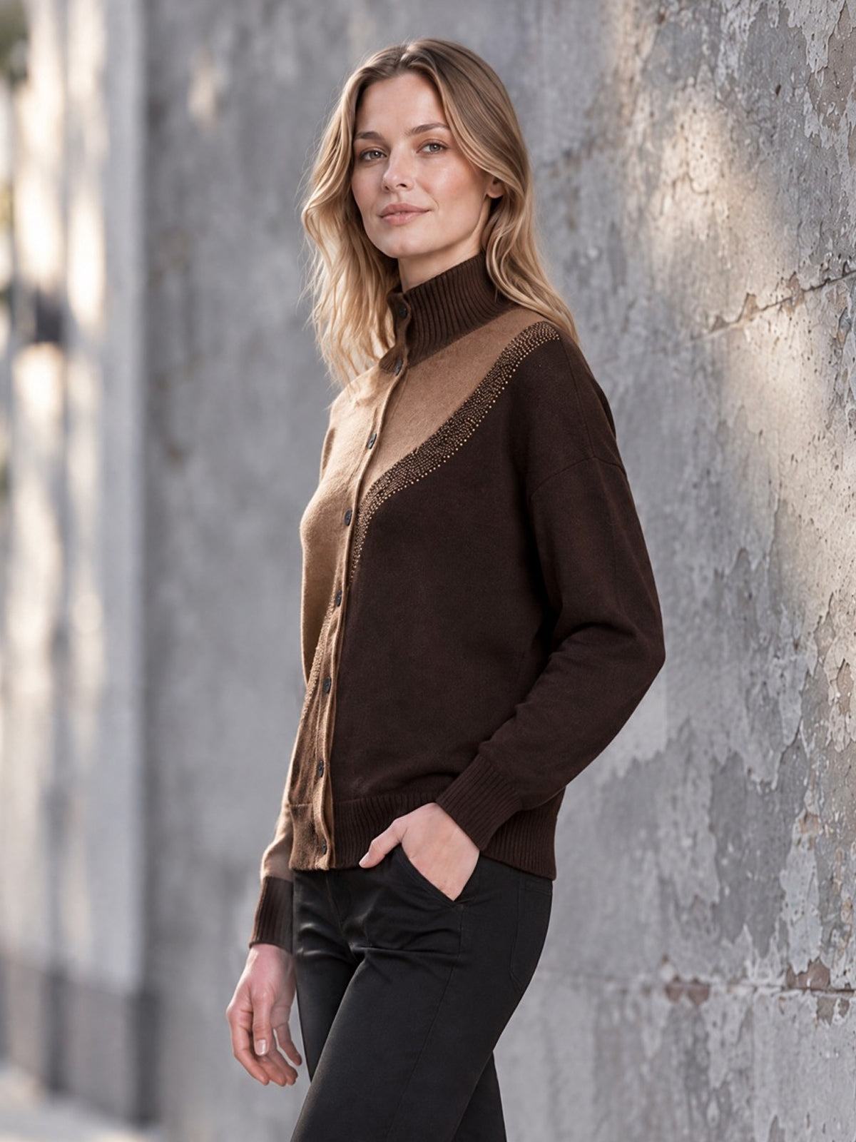 ElevenOra Chic Elegant Brown-Coffee Colorblock Stand Collar Single-Breasted Long-Sleeve Loose-Fit Wool Blend Knit Cardigan