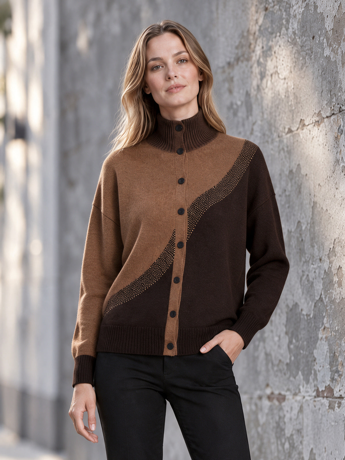 ElevenOra Chic Elegant Brown-Coffee Colorblock Stand Collar Single-Breasted Long-Sleeve Loose-Fit Wool Blend Knit Cardigan