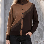 ElevenOra Chic Elegant Brown-Coffee Colorblock Stand Collar Single-Breasted Long-Sleeve Loose-Fit Wool Blend Knit Cardigan