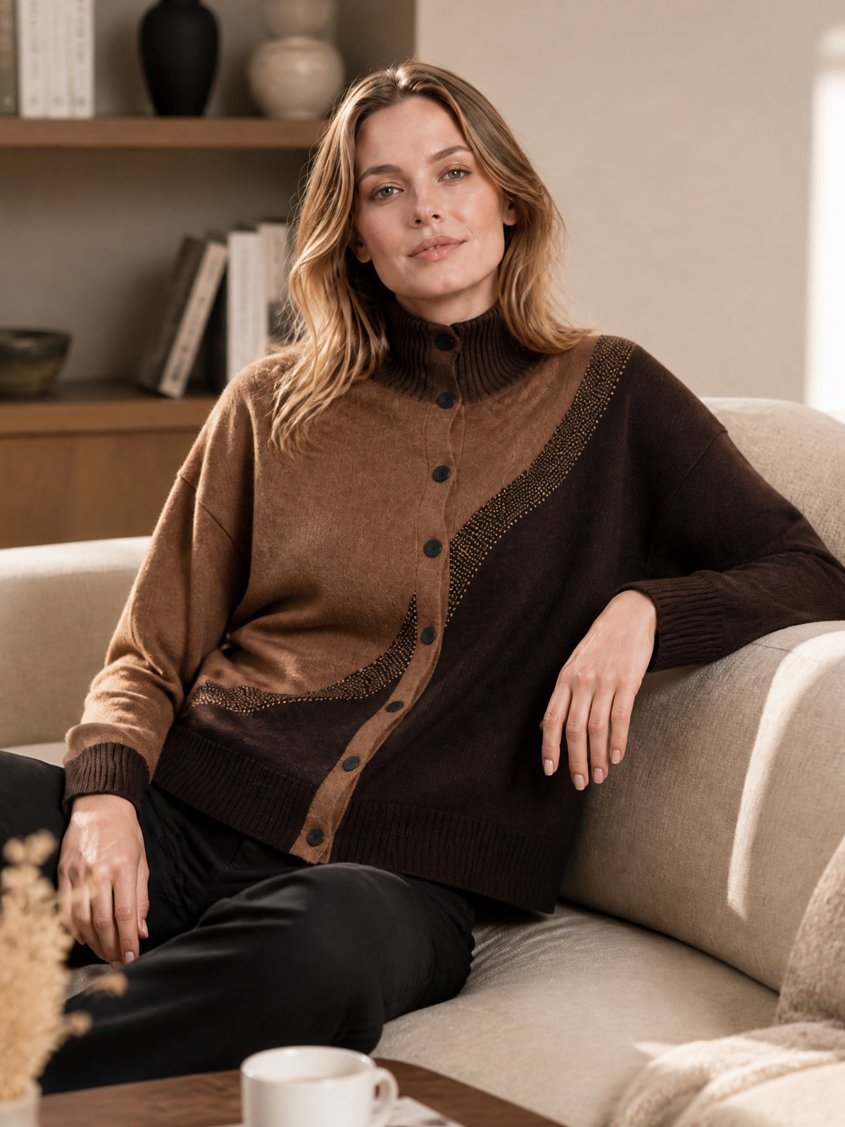 ElevenOra Chic Elegant Brown-Coffee Colorblock Stand Collar Single-Breasted Long-Sleeve Loose-Fit Wool Blend Knit Cardigan