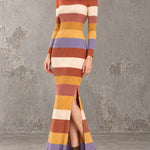 ElevenOra Chic Elegant Multi-Color Stripes Off-The-Shoulder Long-Sleeve Slit Detail Slim-Fit Wool Blend Knit Maxi Dress