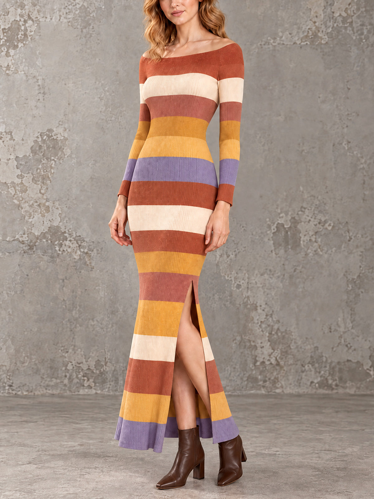 ElevenOra Chic Elegant Multi-Color Stripes Off-The-Shoulder Long-Sleeve Slit Detail Slim-Fit Wool Blend Knit Maxi Dress