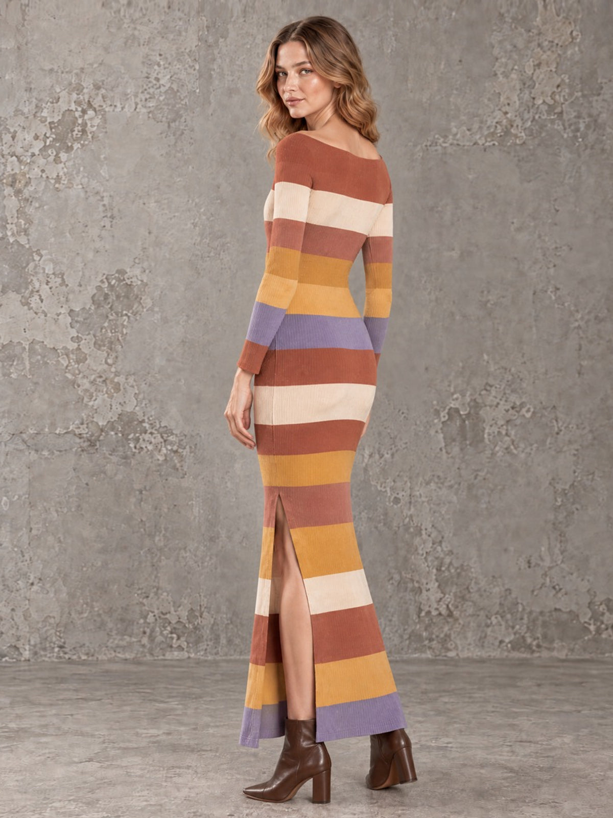 ElevenOra Chic Elegant Multi-Color Stripes Off-The-Shoulder Long-Sleeve Slit Detail Slim-Fit Wool Blend Knit Maxi Dress