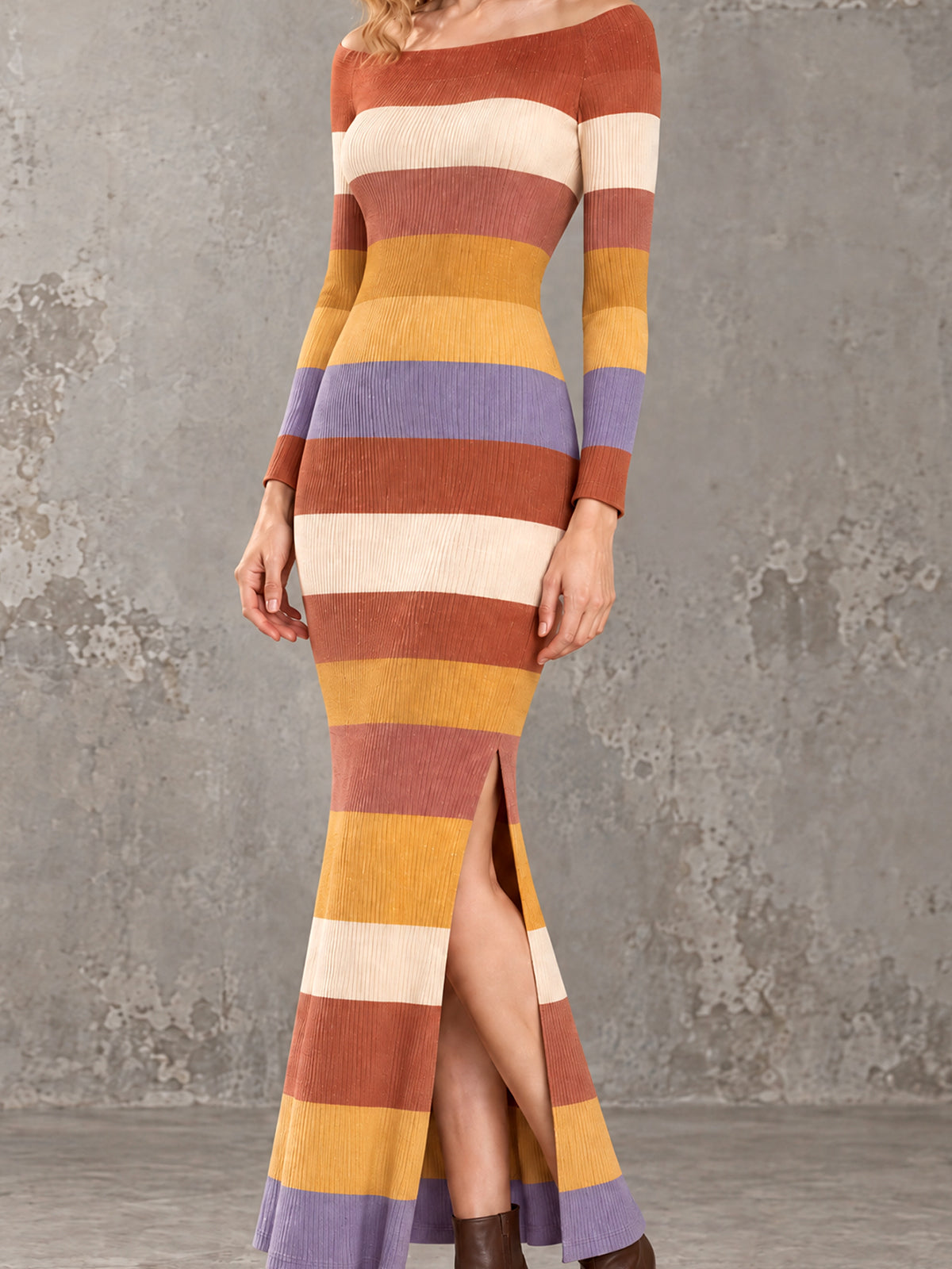 ElevenOra Chic Elegant Multi-Color Stripes Off-The-Shoulder Long-Sleeve Slit Detail Slim-Fit Wool Blend Knit Maxi Dress