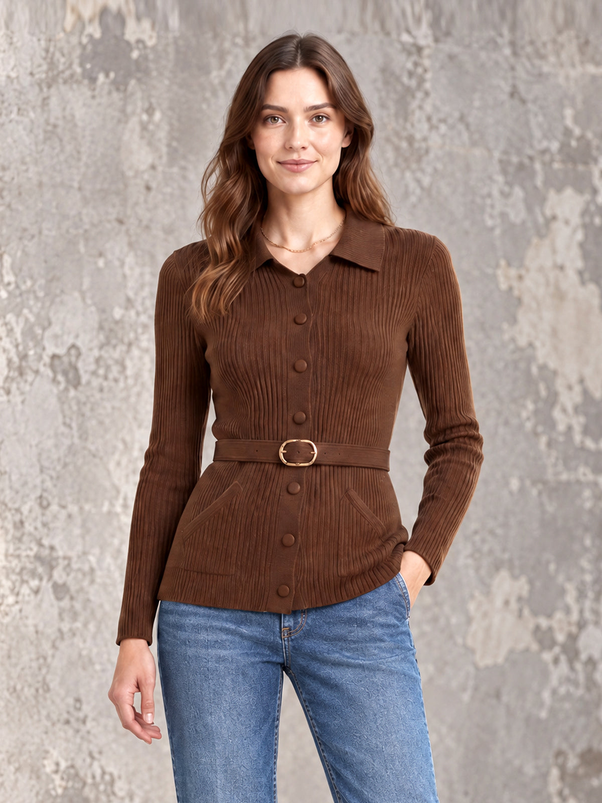 ElevenOra Chic Elegant Brown Lapel Long-Sleeve Single-Breasted Belted Patch Pockets Slim-Fit Wool Blend Ribbed Knit Cargidan