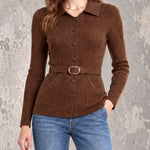 ElevenOra Chic Elegant Brown Lapel Long-Sleeve Single-Breasted Belted Patch Pockets Slim-Fit Wool Blend Ribbed Knit Cargidan