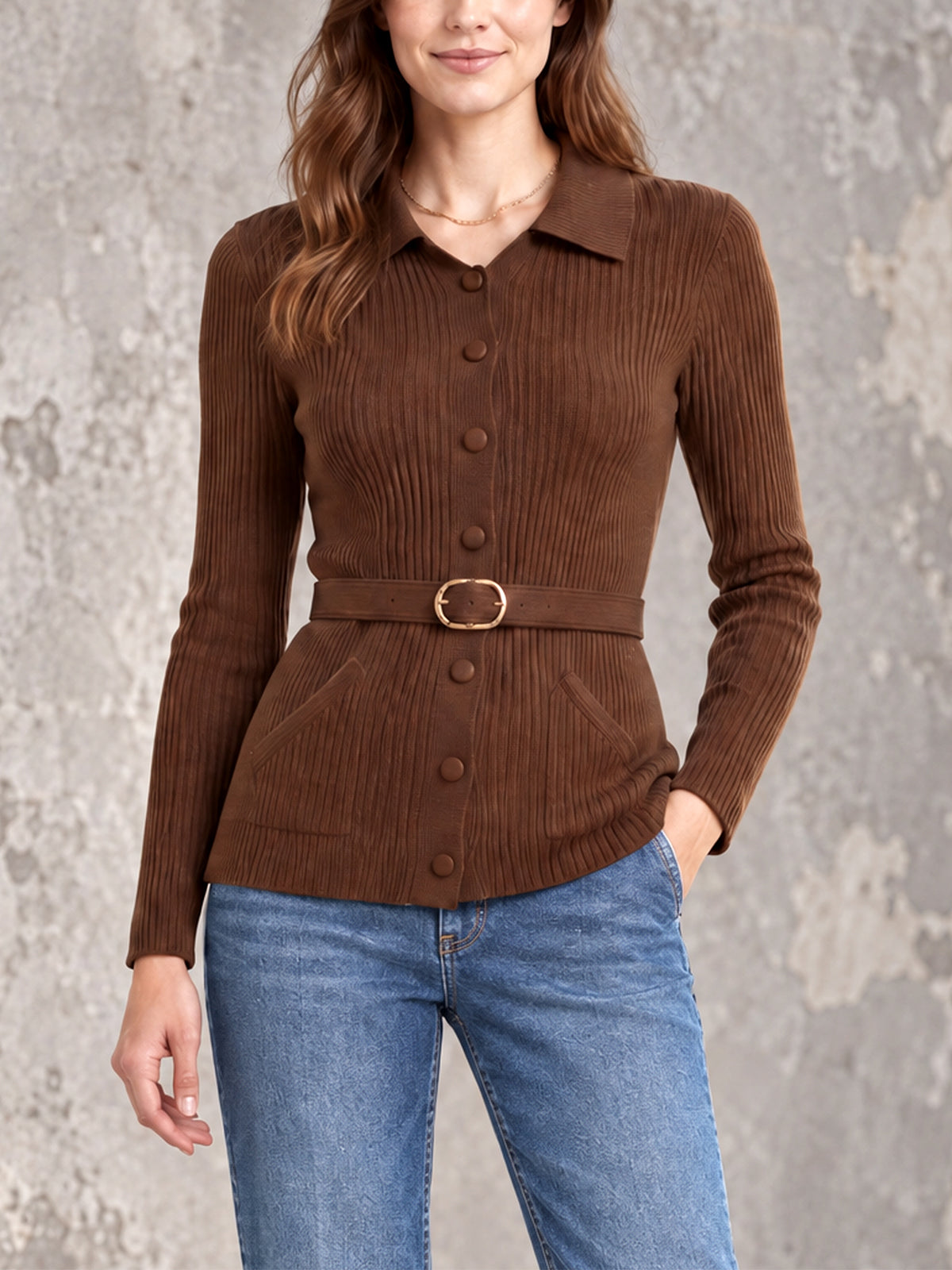 ElevenOra Chic Elegant Brown Lapel Long-Sleeve Single-Breasted Belted Patch Pockets Slim-Fit Wool Blend Ribbed Knit Cargidan