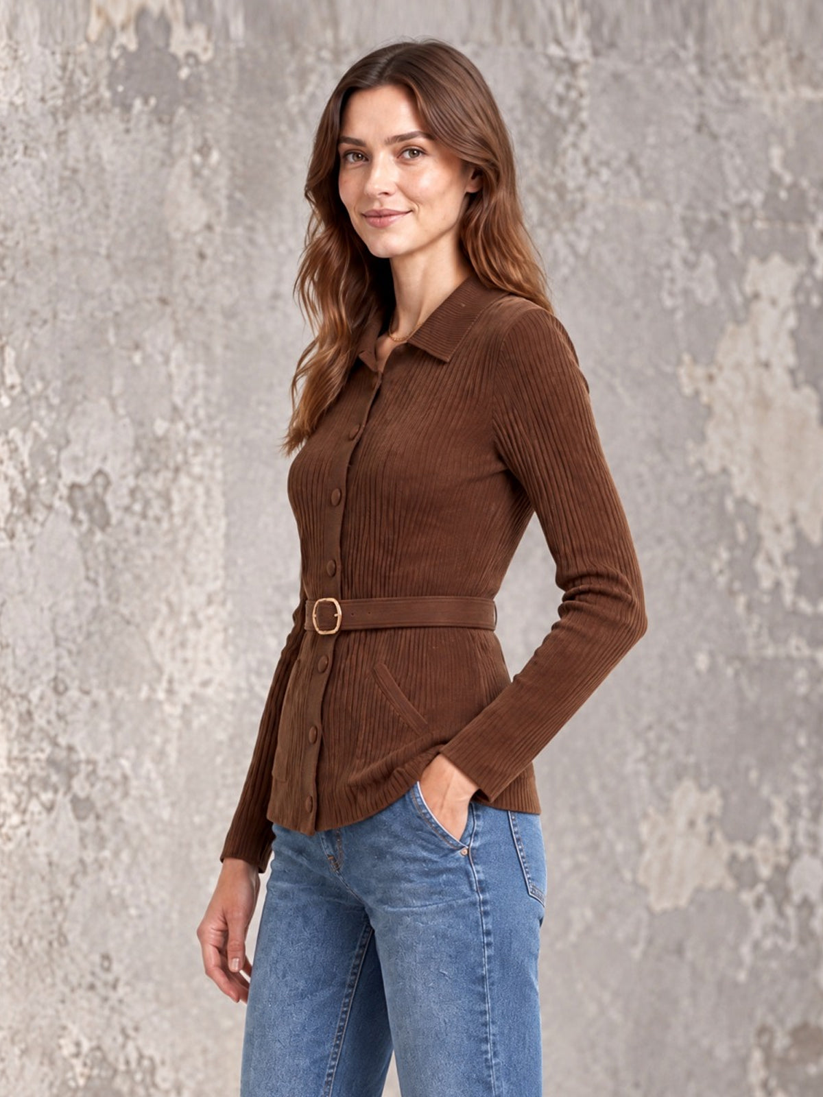 ElevenOra Chic Elegant Brown Lapel Long-Sleeve Single-Breasted Belted Patch Pockets Slim-Fit Wool Blend Ribbed Knit Cargidan