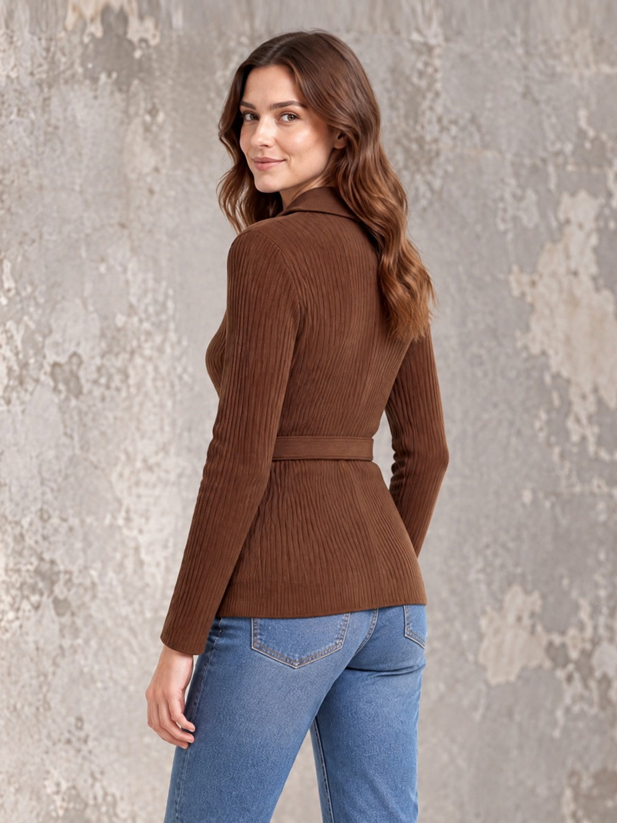ElevenOra Chic Elegant Brown Lapel Long-Sleeve Single-Breasted Belted Patch Pockets Slim-Fit Wool Blend Ribbed Knit Cargidan