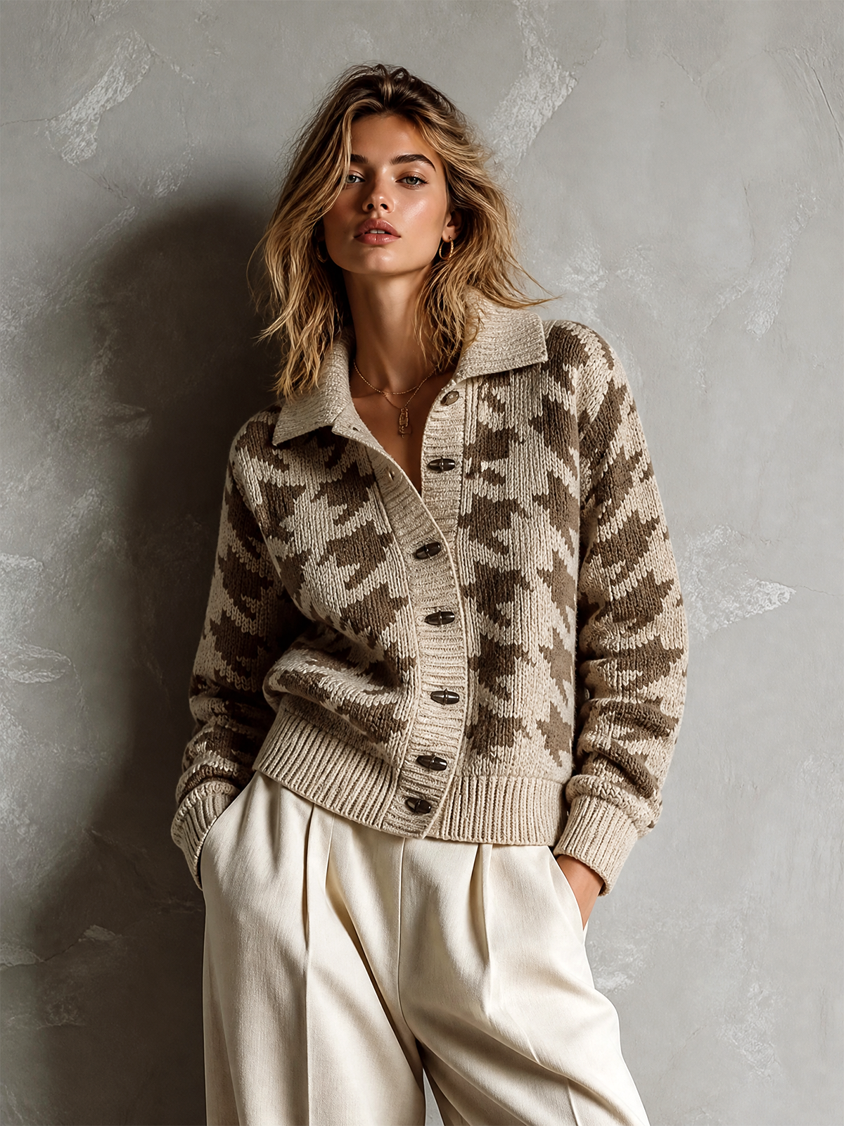 ElevenOra Chic Casual Cream-Brown Lapel Collar Houndstooth Jacquard Single-Breasted Long-Sleeve Loose-Fit Knit Cardigan