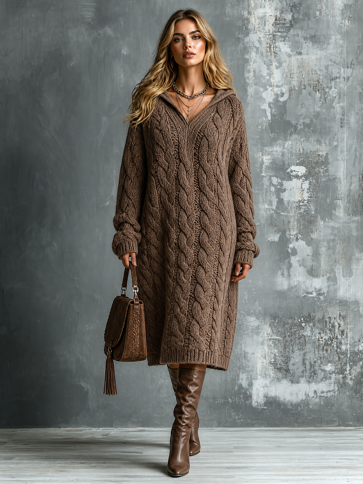 ElevenOra Chic Elegant Brown Hooded-Collar Long Sleeve Loose-Fit Chunky Cable Knit Midi Dress
