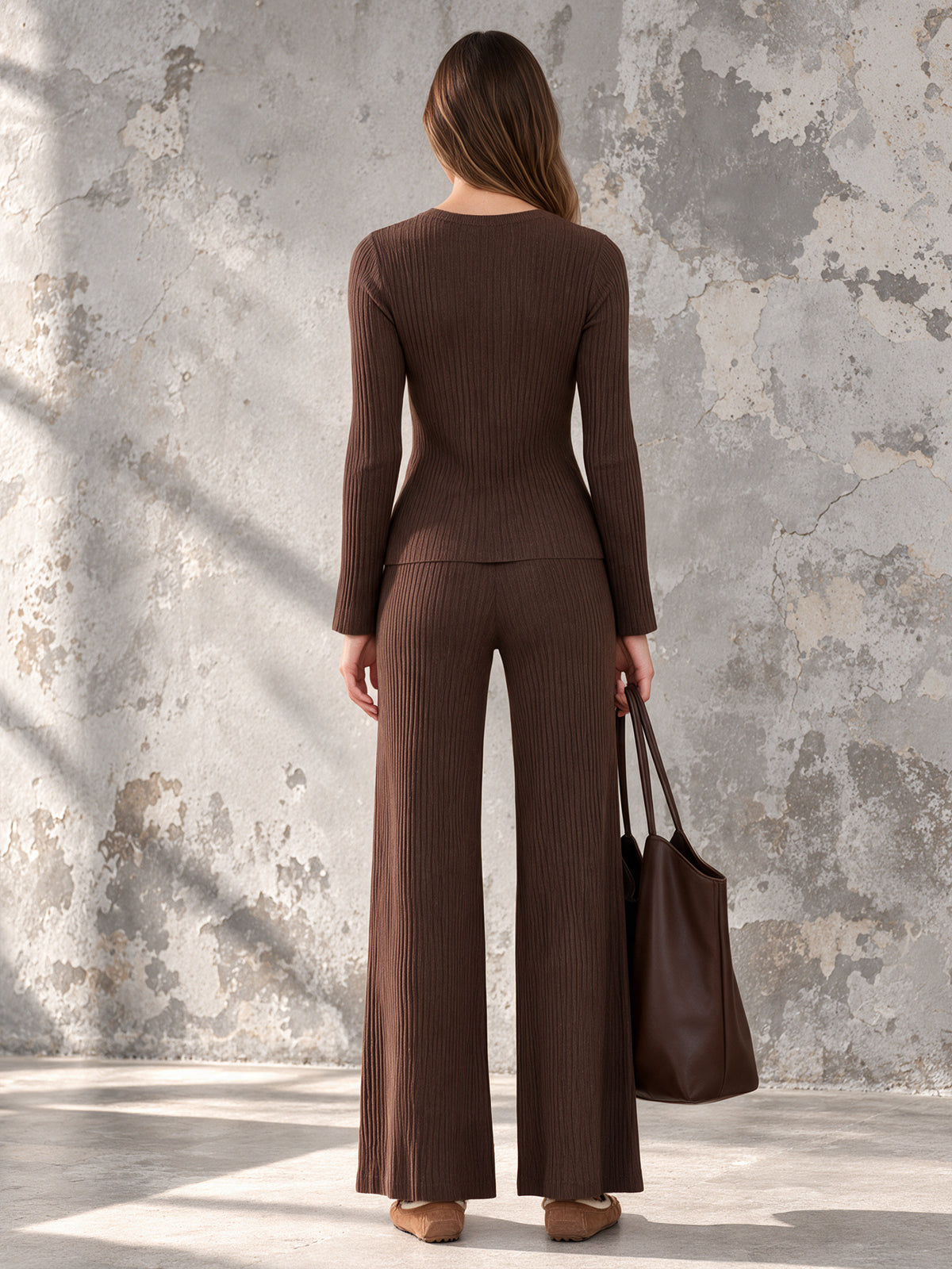 ElevenOra Chic Elegant Brown Round-Neck Long-Sleeve Single-Breasted Cardigan Wide-Leg Pants Wool Blend Ribbed Knit Two-Piece Set