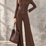 ElevenOra Chic Elegant Brown Round-Neck Long-Sleeve Single-Breasted Cardigan Wide-Leg Pants Wool Blend Ribbed Knit Two-Piece Set