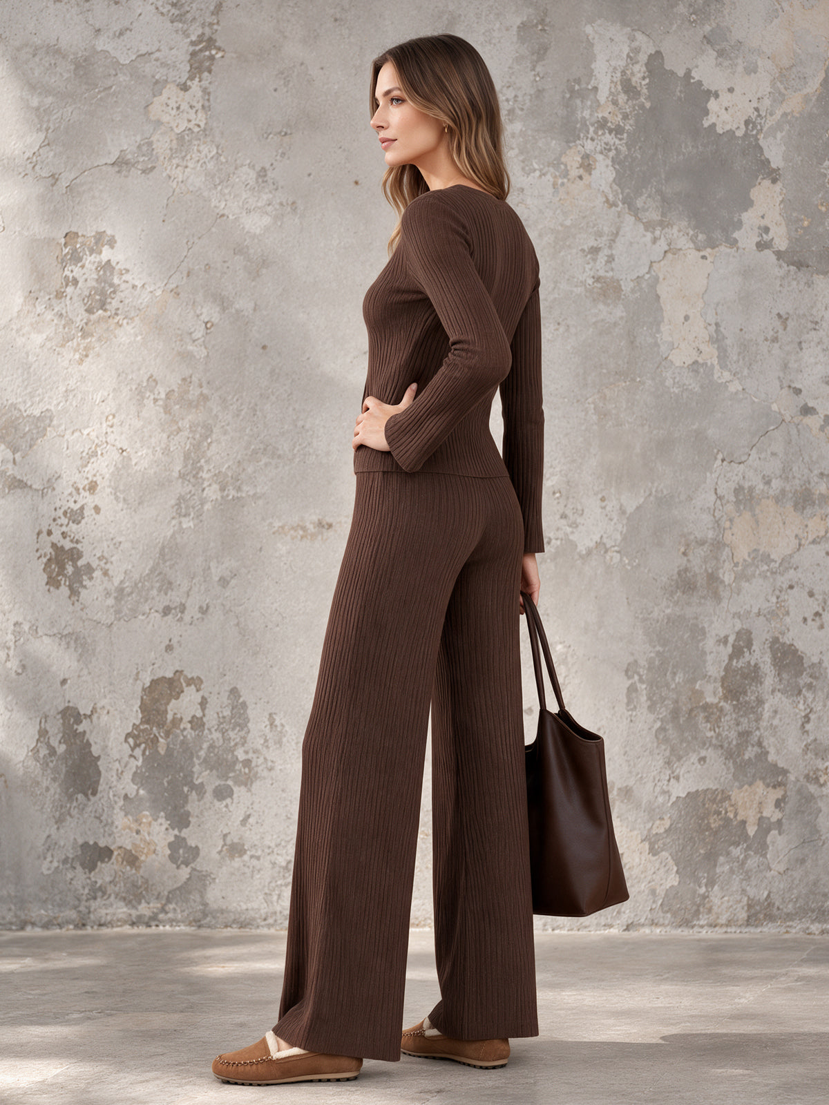 ElevenOra Chic Elegant Brown Round-Neck Long-Sleeve Single-Breasted Cardigan Wide-Leg Pants Wool Blend Ribbed Knit Two-Piece Set