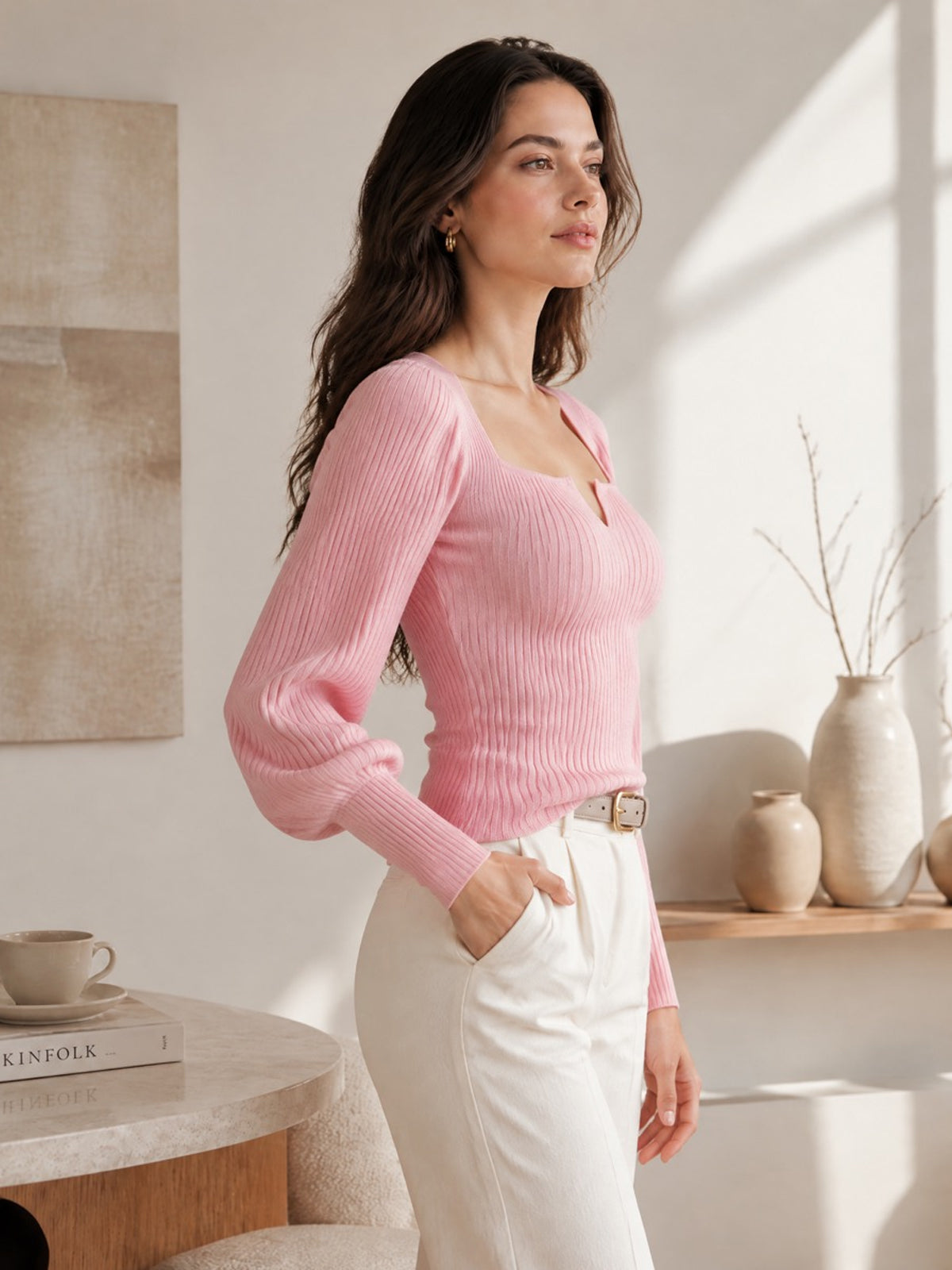 ElevenOra Chic Elegant Pink Notched Square-Neck Long-Lantern-Sleeve Slim-Fit Wool Blend Ribbed Knit Sweater