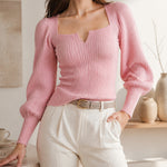 ElevenOra Chic Elegant Pink Notched Square-Neck Long-Lantern-Sleeve Slim-Fit Wool Blend Ribbed Knit Sweater