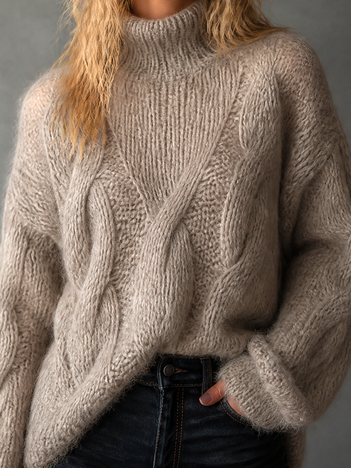 ElevenOra Chic Casual Oat Beige Turtleneck Dropped Shoulder Long Sleeve Loose-Fit Fuzzy Cable Knit Sweater
