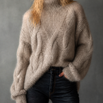 ElevenOra Chic Casual Oat Beige Turtleneck Dropped Shoulder Long Sleeve Loose-Fit Fuzzy Cable Knit Sweater
