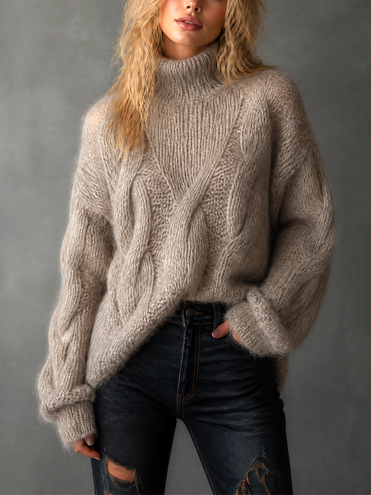 ElevenOra Chic Casual Oat Beige Turtleneck Dropped Shoulder Long Sleeve Loose-Fit Fuzzy Cable Knit Sweater