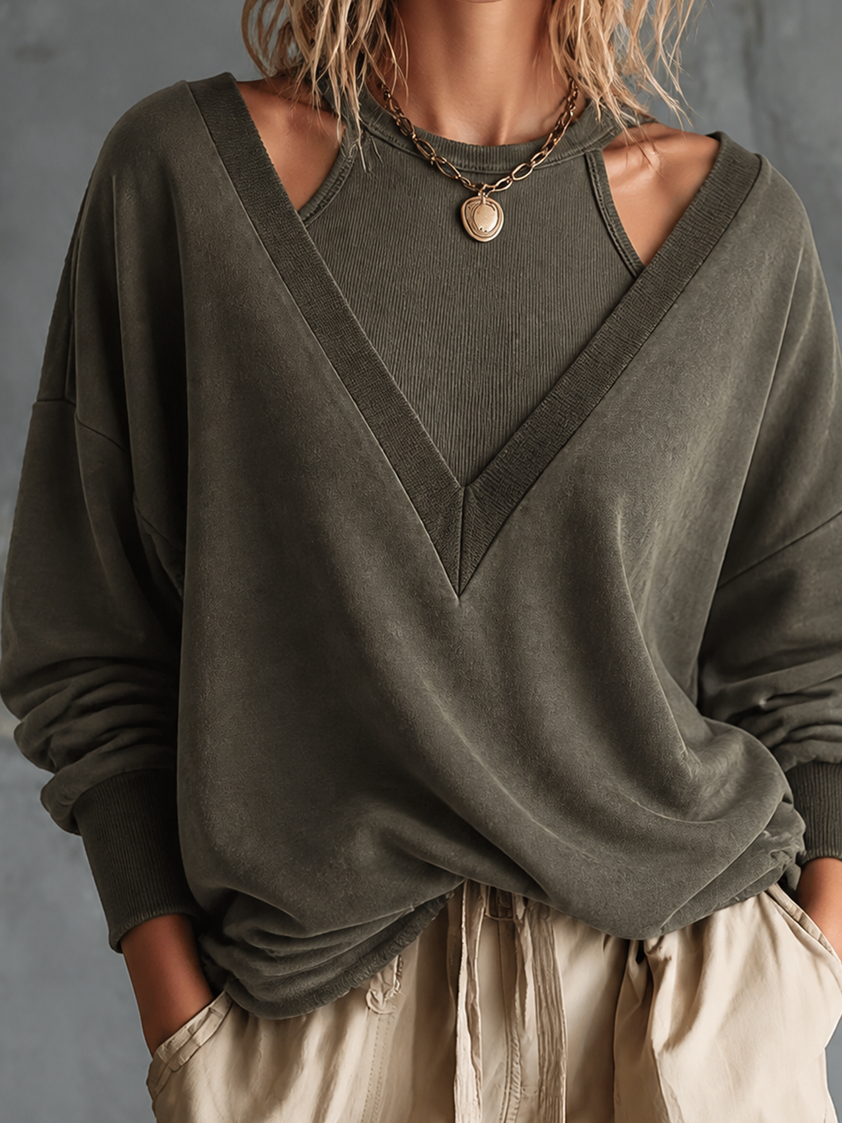 ElevenOra Chic Casual Dark Olive Halter Deep V Neck Dropped Shoulder Long Sleeve Loose-Fit French Terry Sweatshirt