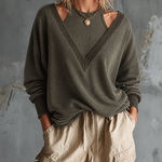 ElevenOra Chic Casual Dark Olive Halter Deep V Neck Dropped Shoulder Long Sleeve Loose-Fit French Terry Sweatshirt